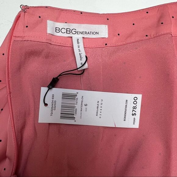 BCBGeneration Pink Black Ruched Asymmetrical Polka Dots Skirt Size 6 - Picture 8 of 10